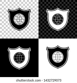 Shield with world globe icon isolated on black, white and transparent background. Security, safety, protection, privacy concept. Vector Illustration