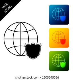 Shield with world globe icon isolated on white background. Security, safety, protection, privacy concept. Set icons colorful square buttons. Vector Illustration