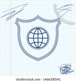 Shield with world globe line sketch icon isolated on white background. Security, safety, protection, privacy concept. Vector Illustration