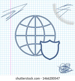 Shield with world globe line sketch icon isolated on white background. Security, safety, protection, privacy concept. Vector Illustration
