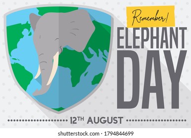 Shield, world map and happy elephant face, reminding at you to celebrate Elephant Day this 12th August.