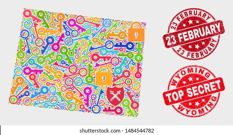 Shield Wyoming State map and seals. Red rounded Top Secret and 23 February distress seals. Bright Wyoming State map mosaic of different guard symbols. Vector combination for security purposes.
