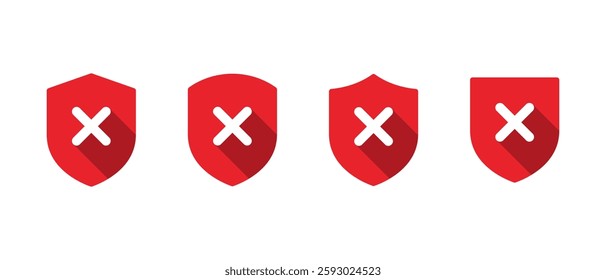 Shield x cross mark icon with long shadow. No defense sign symbol