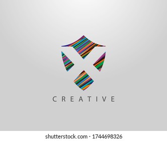 Shield X Letter Logo. Modern Abstract Geometric Design, made of various colorful strips shapes  