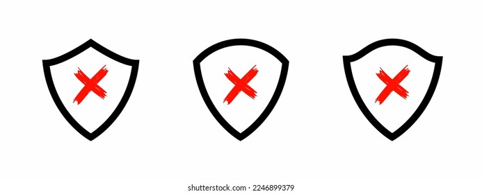 Shield and X sign illustration. Shield and X mark icon template. Stock vector 