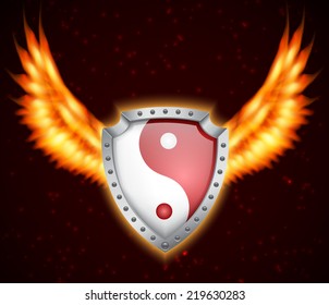 Shield with yin yang symbol and fire wings. EPS10 vector