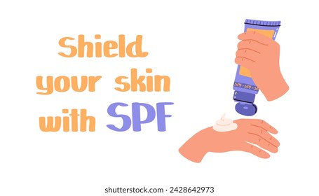 Shield your skin with spf. UV safety month - July. Using sunscreen lotion every day. Vector flat banner to raise awareness of skin protection from harmful ultraviolet radiation.