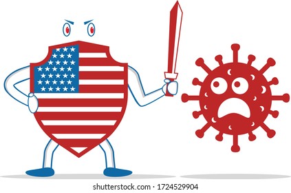 shielded with a flag in the center that wields a sword preparing to fight the virus, the flag represents a country that is trying to defeat the virus outbreak.