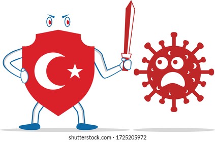 shielded with a flag in the center that wields a sword preparing to fight the virus, the flag represents a country that is trying to defeat the virus outbreak.