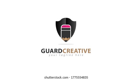 The shielded logo design combined with the pencil symbolizes creativity. Vector