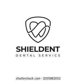 shieldent dental service logo, line art of shield and tooth vector