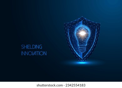 Shielding innovation, protecting, defending innovative ideas and creative concepts in futuristic glowing low polygonal style on dark blue background. Modern abstract connect design vector illustration