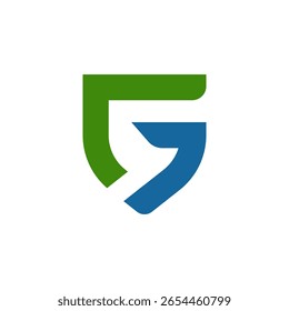 A shield-like emblem with an abstract "G" shape, combining green and blue, conveying protection, security, and trust