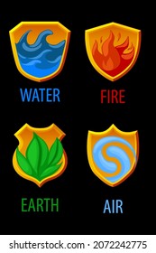 Escudos con 4 elementos naturales para el juego. Iconos vectores de agua, tierra, fuego, aire.