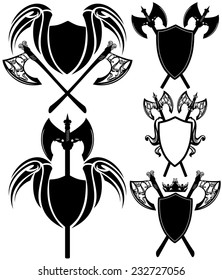 shields and axes detailed design elements - black and white vector emblems collection