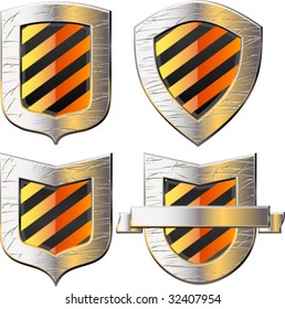 shields in black and yellow stripes with ribbon