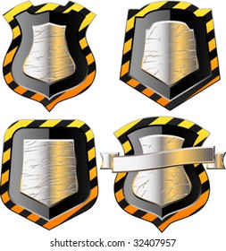 shields in black and yellow stripes with ribbon