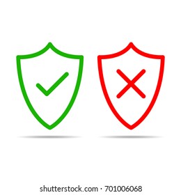 Shields with check mark and cross in flat design, isolated on white background. Vector illustration.