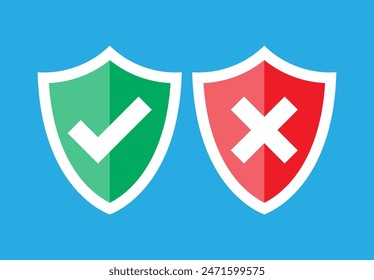 Shields and check marks. Approved and rejected. Red and green shield with checkmark and x mark. Protection, security, secure data. Confidential information, privacy. Vector illustration flat style