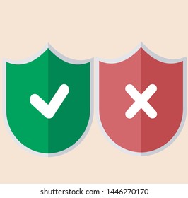 Shields and check marks. green and red shield with checkmark and x mark