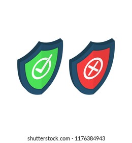 Shields and check marks icons isometric set. Red and green shield with checkmark and x mark. Protect sensitive data, Internet security, reliability concepts. Vector illustration on background.