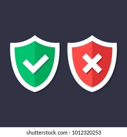 Shields and check marks icons set. Red and green shield with checkmark and x mark. Protection, safety, security, reliability concepts. Modern flat design graphic elements. Vector icons