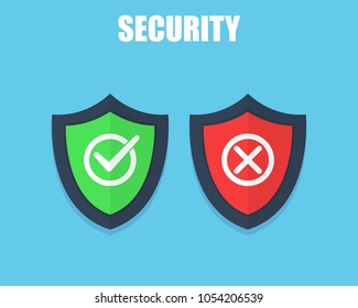 Shields and check marks icons set. Red and green shield with checkmark and x mark. Protect sensitive data, Internet security, reliability concepts. Flat design, vector illustration on background