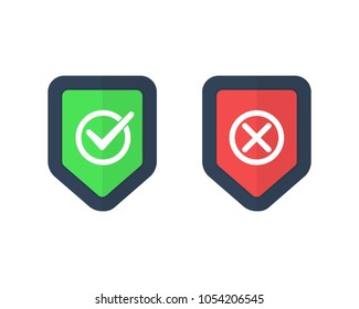 Shields and check marks icons set. Red and green shield with checkmark and x mark. Protect sensitive data, Internet security, reliability concepts. Flat design, vector illustration on background