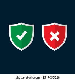 Shields and check marks icons set. Red and green shield with checkmark and x mark. Protection, safety, security, reliability concepts. Modern flat design graphic elements. Vector icons.