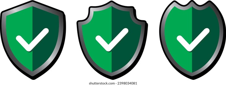Shields and check marks icons set. Green shield with check mark. Protection, safety, security, reliability concepts.