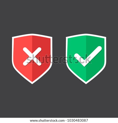 Shields and check marks icons set. Red and green shield with checkmark and x mark. Protection, safety, security, reliability concepts. Modern flat design graphic elements. Vector icons