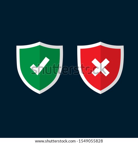 Shields and check marks icons set. Red and green shield with checkmark and x mark. Protection, safety, security, reliability concepts. Modern flat design graphic elements. Vector icons.