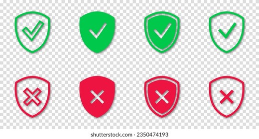 Shields with Check and X icon set. Safe information. Vector clipart illustration. For web site or mobile app. Transparent background.