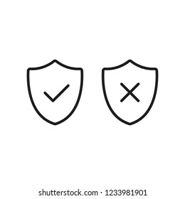 Shields and checkmarks line icons set. Security, safety, reliability concepts. Shields with check mark and x mark. Thin line design. Vector icons