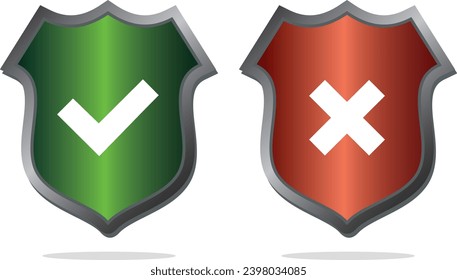 Shields cross and check marks icons set. Red and green shield with check mark and cross mark. Protection, safety, security, reliability concepts.	