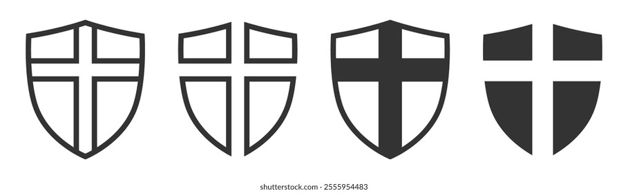 Shields with cross symbols, black and white vector in various styles