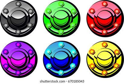Shields of different colors of metal.