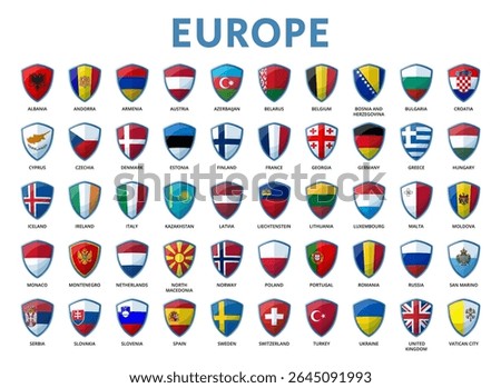 Shields with flags of Europe countries.	