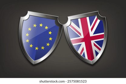 Shields with flags of the European Union and Great Britain. Concept of opposition, negotiations, support. Vector illustration.