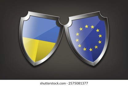 Shields with flags of Ukraine and the European Union. Concept of confrontation, negotiations, support. Vector illustration.