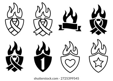 Escudos com chamas e fitas fogo sensibilização vetor