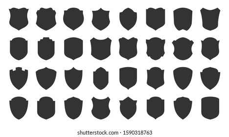 Shields glyph icons set. Security symbol. Coat arms silhouette icon. Safety, defense, protection signs for emblem, logo, badge. Privacy protect black sign design. Isolated vector illustration