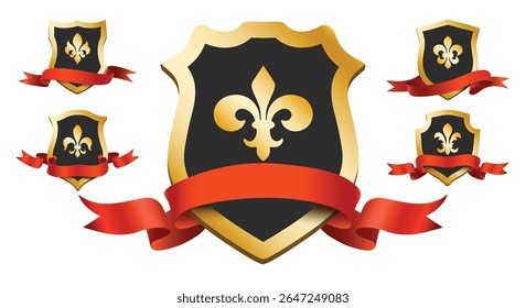Shields with golden frame and red ribbons. Medieval shield fleurs de lis lily flowers isolated vector illustration