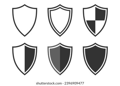 Protege el conjunto de iconos gráficos. Protege los signos aislados de colección en fondo blanco. Símbolos de protección. Ilustración del vector