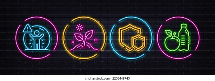 Shields, Grow plant and Social distance minimal line icons. Neon laser 3d lights. Healthy food icons. For web, application, printing. Safe secure, Leaves, People protection. Drink bottle. Vector