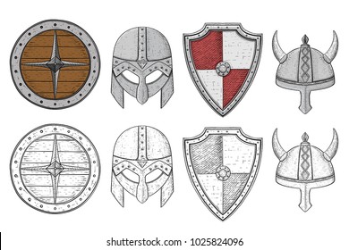 Shields and helmets. Viking equipment. Hand drawn sketch. Vector illustration