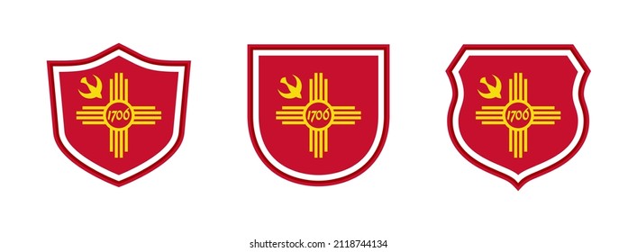 icono de escudos conjunto con la bandera de la ciudad albuquerque aislada en fondo blanco. ilustración vectorial