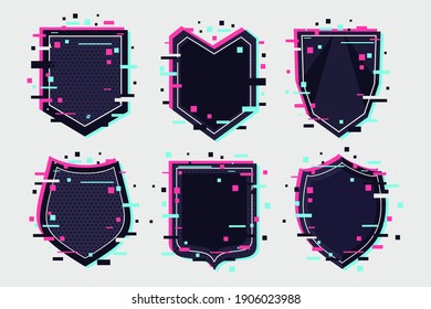 Shields icon set. Coat of arm collection. Glitch style vector emblem.