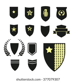 Shields icons set, isolated on white, black and white vector illustration. Design for stickers, logo, web and mobile app.