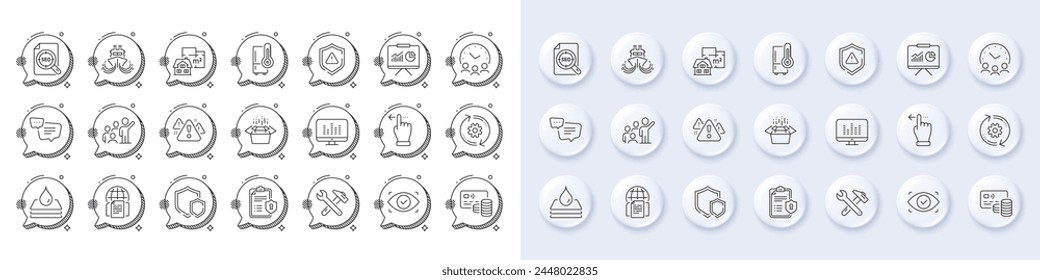 Shields, Leadership and Card line icons. White pin 3d buttons, chat bubbles icons. Pack of Text message, Waterproof, Seo file icon. Biometric eye, Refrigerator, Internet documents pictogram. Vector